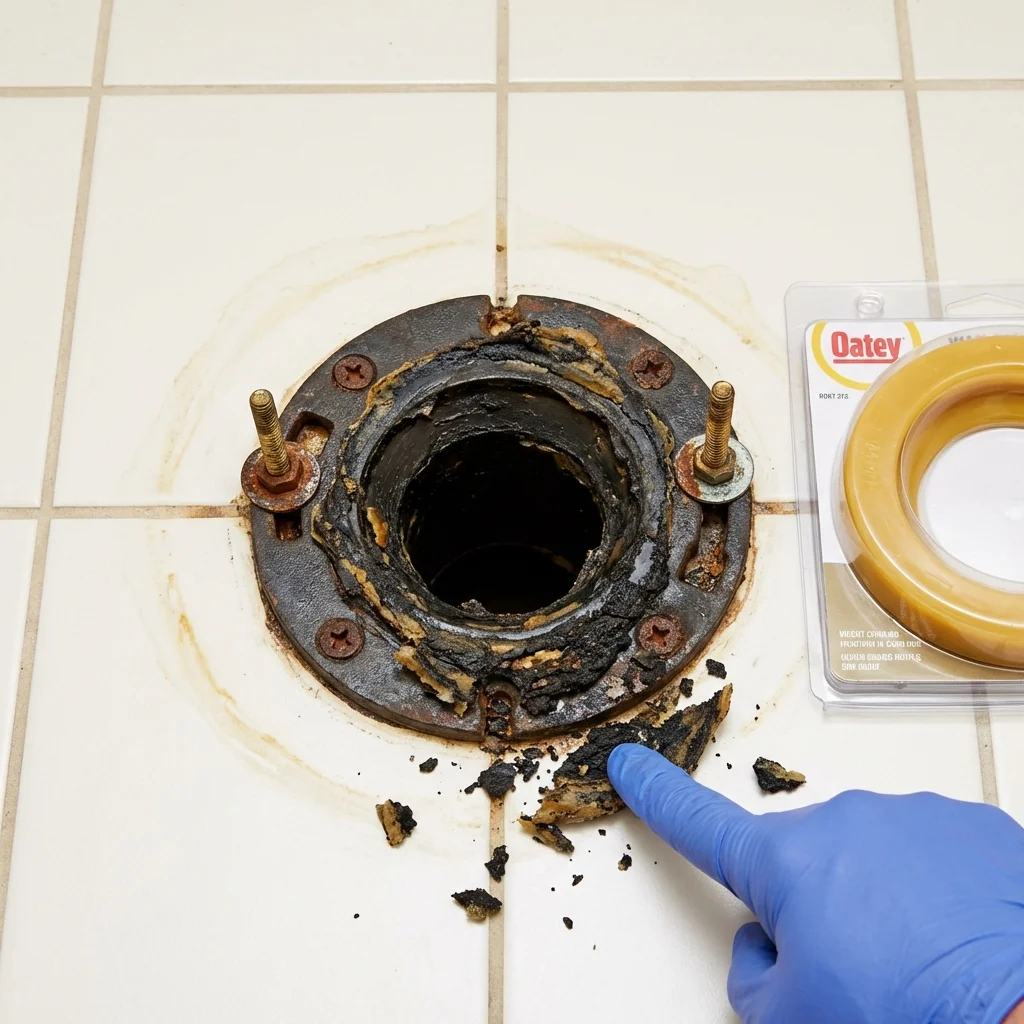 Failed wax ring showing water seepage at the base of a toilet in a Wyoming, MI home