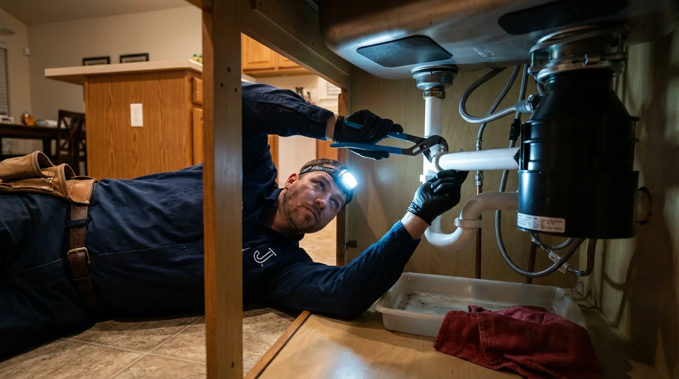 P-trap and supply line connections under a kitchen sink showing a common leak point in Wyoming, MI